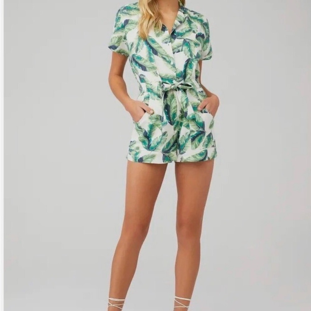 Amanda Uprichard Womens Tropical Leaf Print Micki Linen Blend Romper Size S